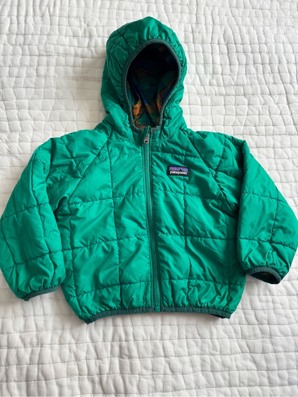 Patagonia Puffer Jacket Reversible Green Plaid Boys 12-18 Months Hood